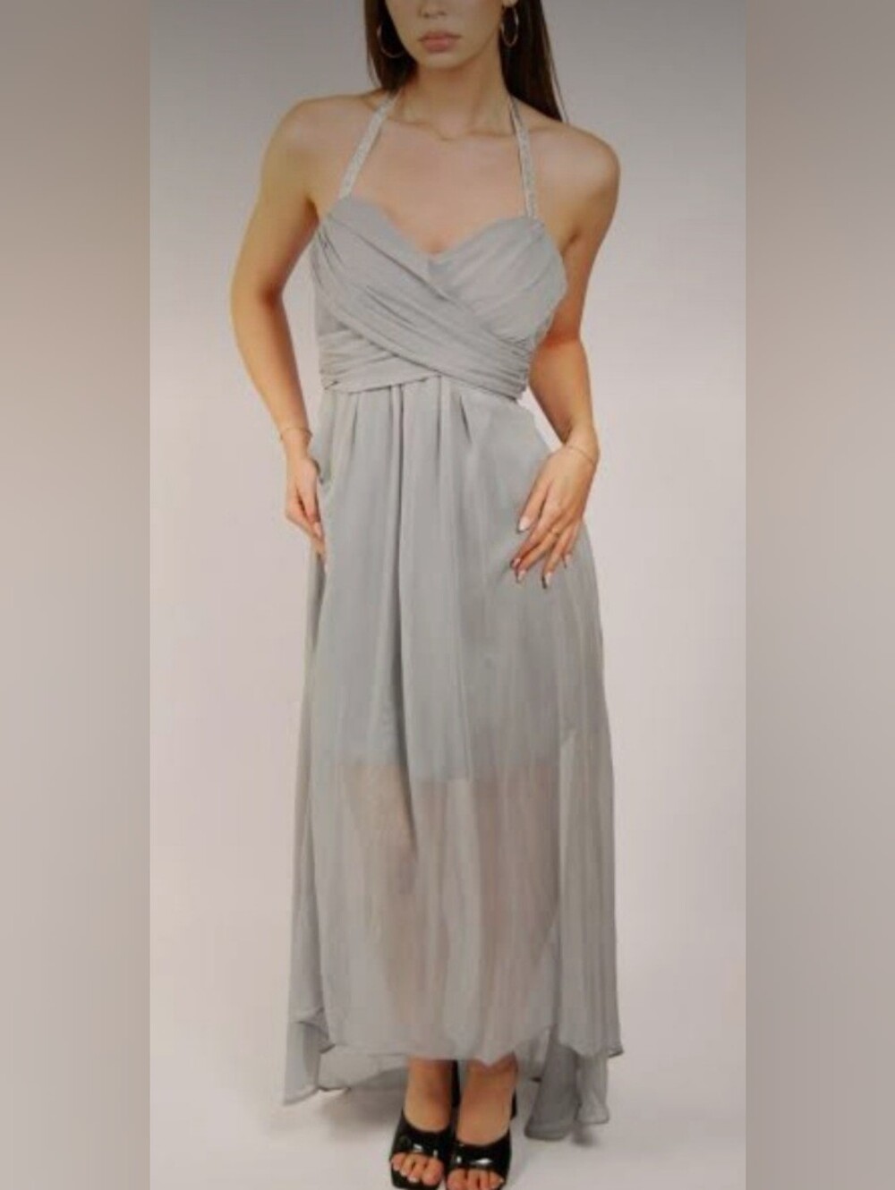Womens Evening Goddess Dress Halter Prom Gray Lined Crinkled Chiffon Size L